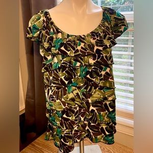 🌴Cato Multi Colored Green Tropical Capped Sleeves Scoop Crew Neck Blouse. Large